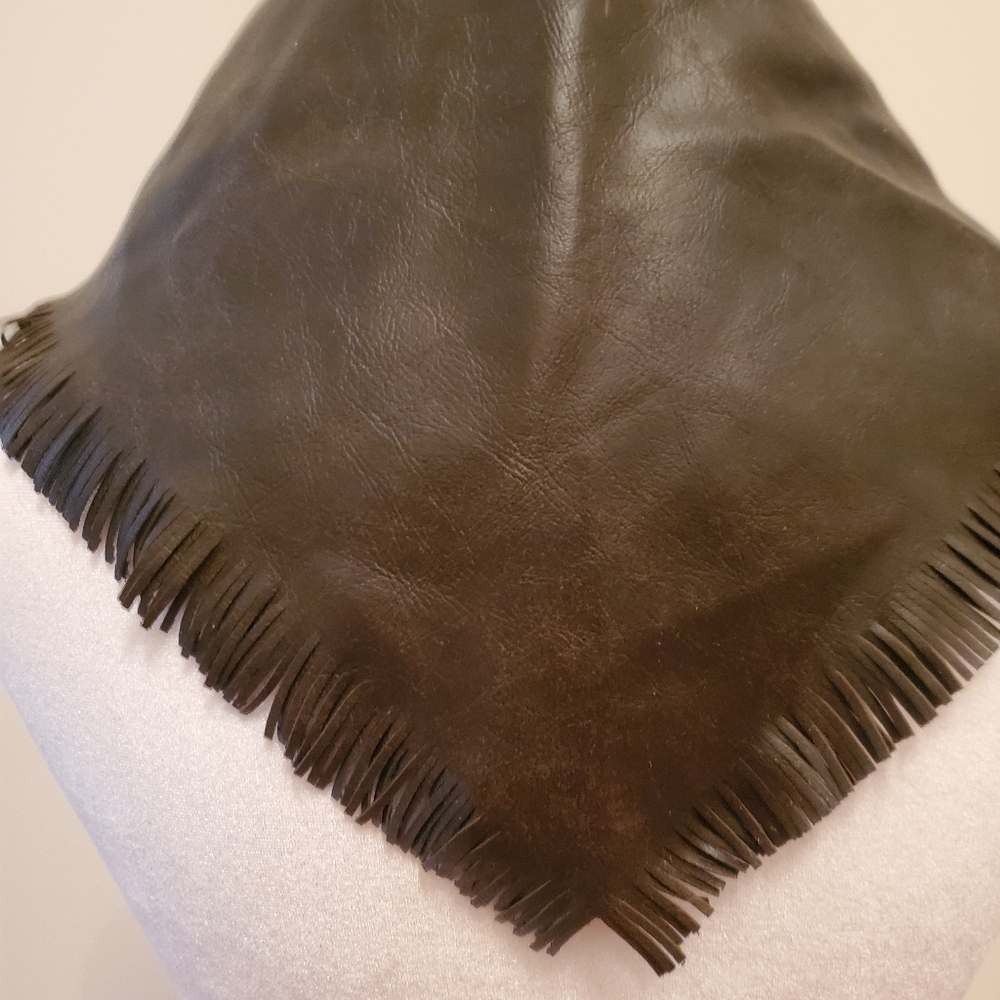 Leather Kerchief With Fringe Edges Vtg Brown - Picture 3 of 4